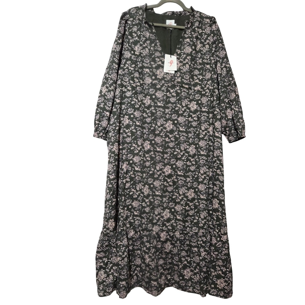 The Nines by Hatch Floral Ruffle V-Neck Midi‎ Dress Olive Pink XXL NWT Maternity